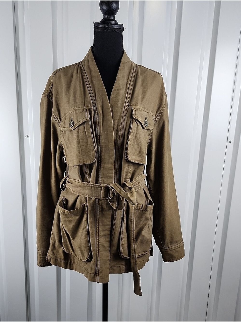 Free People In Our Nature Olive Green Belted Jacket Size Small Military Inspired